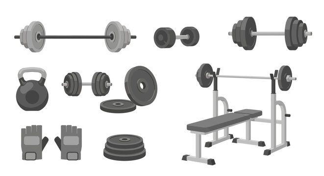 Gym Equipment Icons Set Dumbbell Barbell Kettlebell Bench Vector