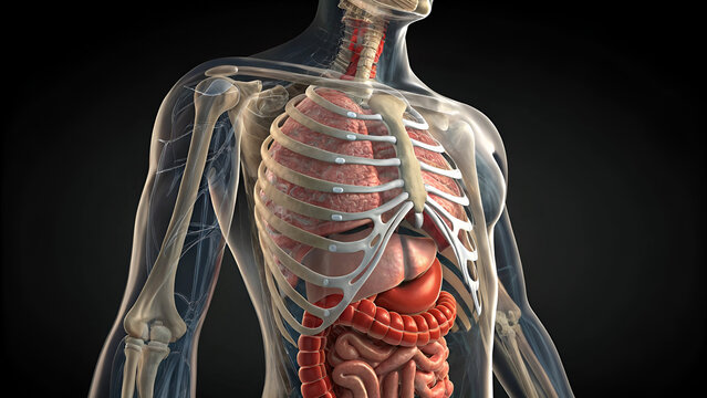 3D anatomy illustration of the human torso showing internal organs