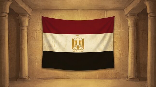 Egyptian national flag with red, white, and black stripes, golden Eagle of Saladin emblem, displayed on wall with stone columns, symbolizing heritage, pride, and cultural identity.