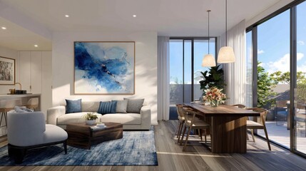 Fototapeta premium Modern interior living space with dining area natural light and contemporary design