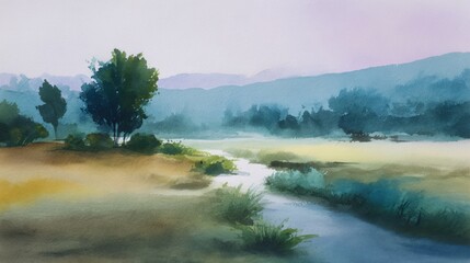 Naklejka premium River meanders through a foggy field with tall trees