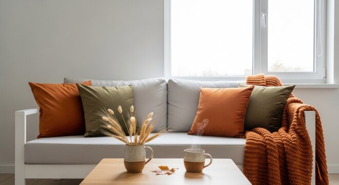 A cozy living room with a white couch adorned with orange and green pillows, a wooden coffee table with a vase of dried flowers, and a blanket draped over a chair.