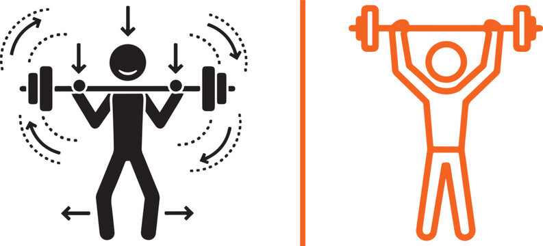 Weightlifting icon set with barbell exercise and overhead lift illustration