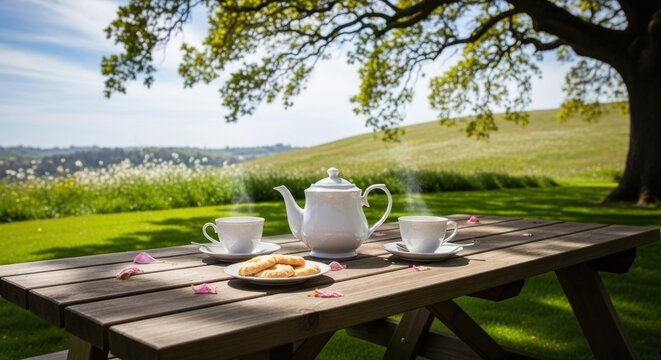 A wooden picnic table set with a teapot, two cups, and a plate of cookies in a lush, green outdoor setting with a tree and a grassy hill in the background.