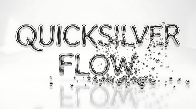 Quicksilver Flow:  A dynamic display of liquid mercury, the word quicksilver and flow form from fluid metal, as individual droplets scatter and reflect, symbolizing fluidity and change. 