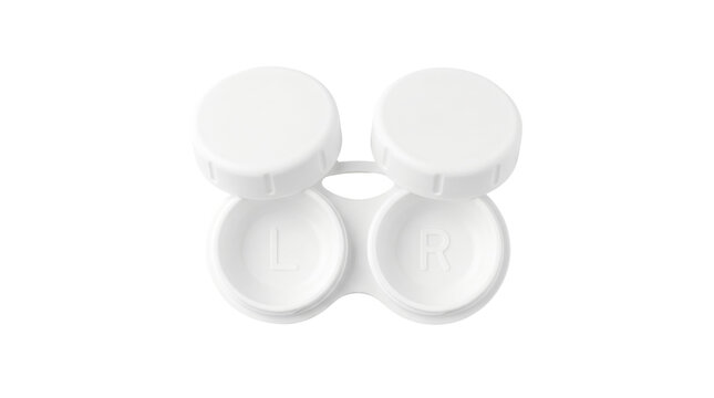 Open white plastic contact lens case with L and R markings
