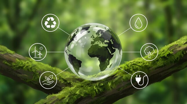 Crystal globe with sustainable development and ESG icon for Environment Social, Governance, and Business cooperation for World sustainable environment ...