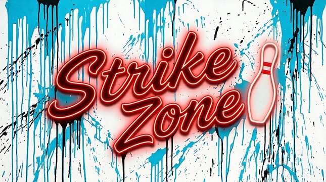Strike Zone Neon Sign: A vibrant neon sign declares the Strike Zone, accompanied by a bowling pin illustration against a backdrop of colorful paint splatters, evoking the energy of a bowling alley.