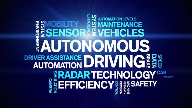 Autonomous Driving animated word cloud-text design animation tag kinetic typography seamless loop.