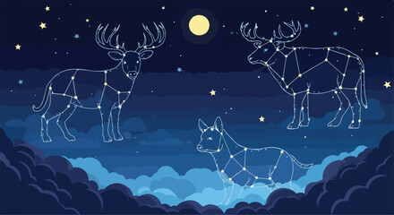 A celestial landscape with constellations of a deer, moose, and dog under a full moon © Ukar