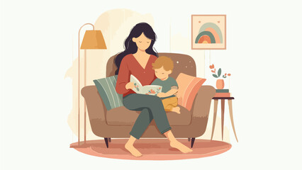 Fototapeta premium Mother and Son Reading a Book Together on a Cozy Sofa in a Warm Living Room, Mother's Day