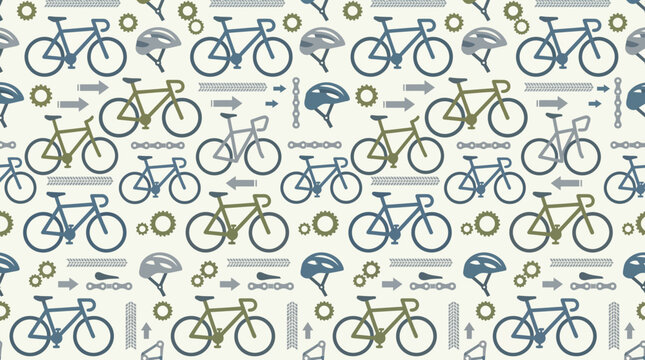 Seamless bicycle pattern with blue, gray, and teal icons for design, textiles, and background decor.