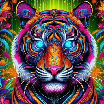 Vibrant and intricate neoncolored tiger face artwork with psychedelic patterns and detailed decorative elements on a lush jungle background
