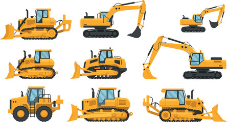 Excavator and bulldozer vector set featuring heavy construction machinery vehicles isolated on light background for industrial and building design © MdAbdul