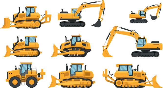 Excavator and bulldozer vector set featuring heavy construction machinery vehicles isolated on light background for industrial and building design