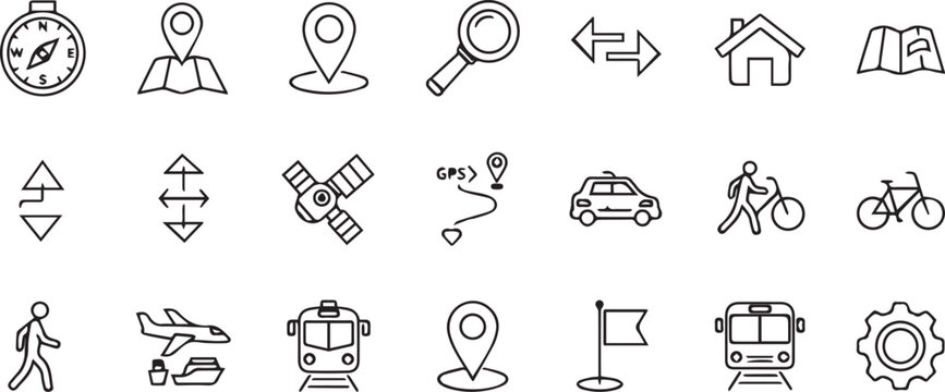 Navigation and Transportation Line Icons Set &ndash; GPS, Map, Travel and Location Symbols
