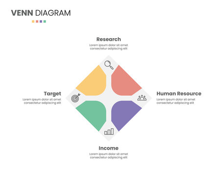4 step, option, part or process square arrows venn diagram infographic design