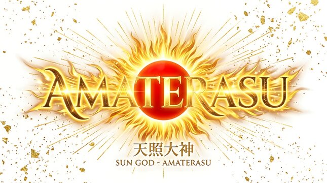 Amaterasu: Sun Goddess Embodied: A radiant depiction of the Japanese sun goddess Amaterasu, presented with golden typography and an evocative sun emblem.