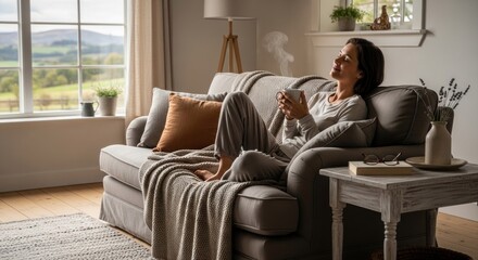 Obraz premium A woman in pajamas sitting on a couch with a cup of coffee, enjoying the view from a window with a scenic landscape outside.