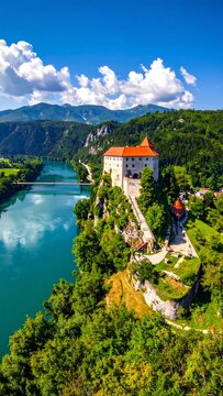 Aerial view of a historic castle, a river, and majestic mountains