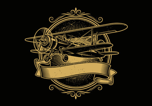 Vintage Royal Logo with Biplane Illustration, Elegant Aviation Emblem Design in Black and Gold Retro Style