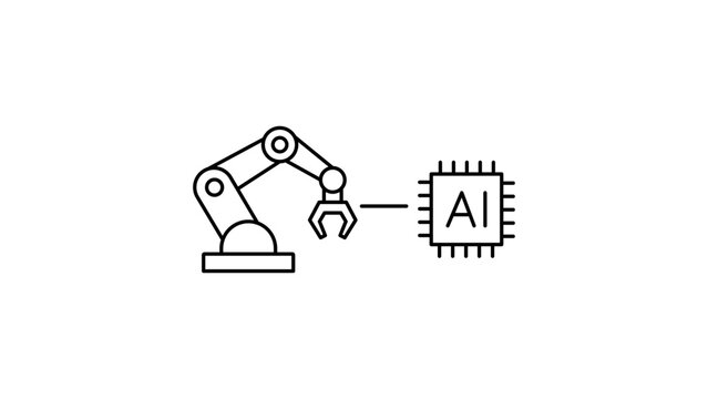 Robotics and Artificial Intelligence AI Minimalist Black Line Vector Icon on White Background, Featuring a Robotic Arm Connected to a Microchip Processor with Editable Stroke for Custom Designs.