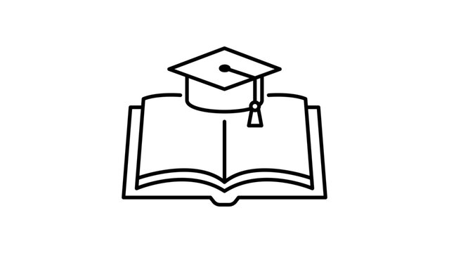 Education and Training Module Minimalist Black Line Vector Icon of an Open Book with Graduation Cap Mortarboard on White Background, Editable Stroke Illustration for Learning and Academic Success.
