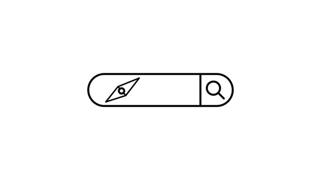 Minimalist Black Line Vector Icon Illustration of a Search Bar with a Compass and Magnifying Glass, Featuring Editable Stroke and Adjustable Line Weight for Web Design and Navigation Interface.