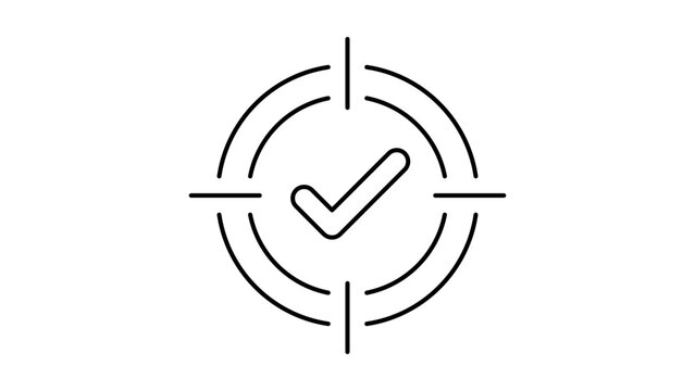Win Rate and Success Concept: Minimalist Black Line Vector Icon of a Checkmark Inside a Target Crosshair on White Background. Scalable Illustration with Editable Stroke for Custom Line Weight.