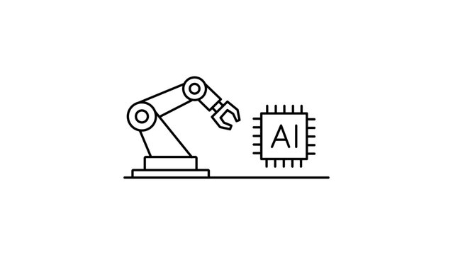 Sleek robotic arm and AI chip minimalist black line vector icon on white background. This illustration represents artificial intelligence, automation, and industrial robotics with an editable stroke.