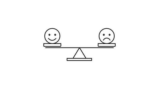 Sentiment Analysis and Emotional Balance Minimalist Black Line Vector Icon with Editable Stroke. Features Happy and Sad Faces on a Balance Scale for Customer Feedback, Psychology, and Mood.