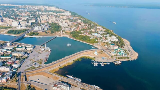 Cheboksary, Russia. Mother is the patroness. Cheboksary bay. View of the Volga River. Drone footage