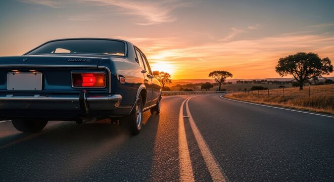 A vintage blue sedan driving down a winding road at sunset, with the sun setting behind a tree on the right side of the road.