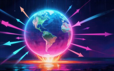 Fototapeta premium Vibrant neon globe with glowing arrows radiating outward reflecting