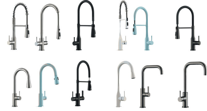 Kitchen faucet vector set featuring modern sink taps in various styles isolated on light background for plumbing and interior design