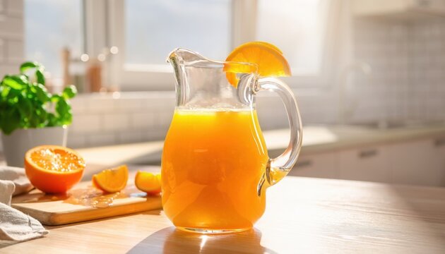 A clear glass pitcher filled with vibrant orange juice, garnished with a fresh citrus slice, presented in a sunlit kitchen setting.