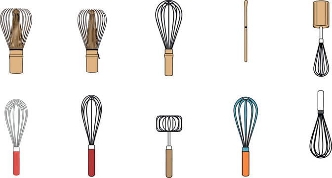 Kitchen whisk vector collection featuring various hand mixer tools and baking utensils isolated on light background for cooking design