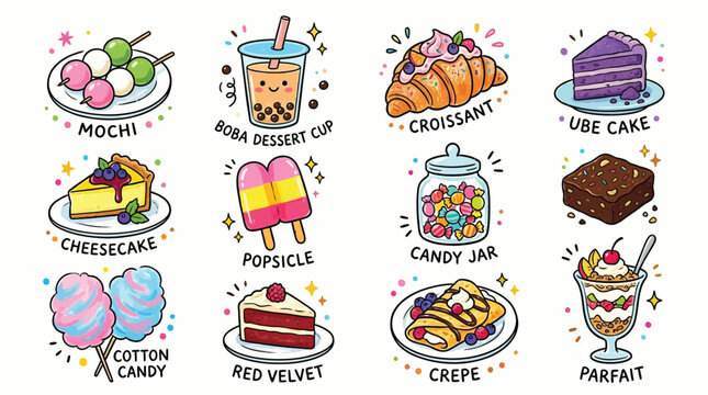 A vibrant collection of cute, kawaii-style illustrations of various sweet desserts and treats, including mochi, boba, croissants, cakes, and more.