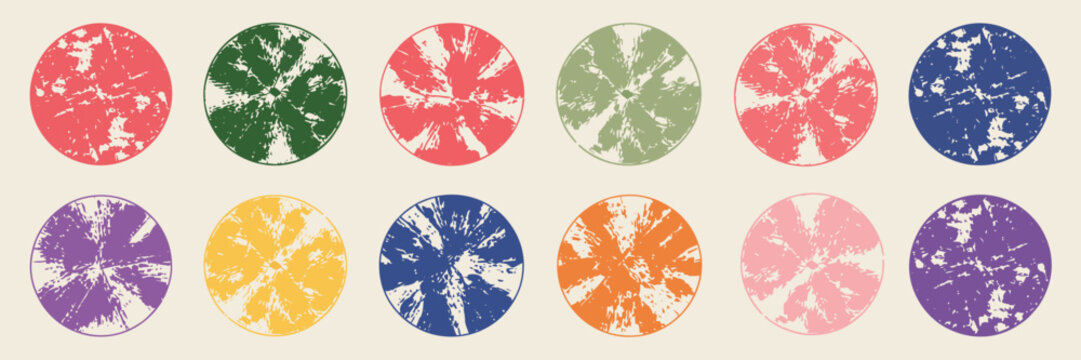 Grungy Distressed Circle Shapes Collection, Aged Retro Hand Printed Linocut Round Textures, Rough Worn Scuffed Backgrounds, Vintage Label Stamp Badge Text Box Templates Vector