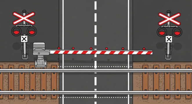 Railway crossing barrier with red lights and road markings.