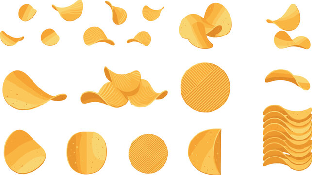 Potato chips vector collection featuring crispy snack slices in different shapes isolated on light background for food packaging and design
