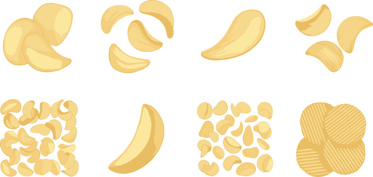 Potato chips vector set featuring various crispy snack shapes and slices isolated on light background for food packaging and design