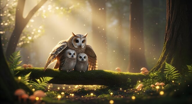A mother owl protecting her two owlets on a mossy log in an enchanted forest scene