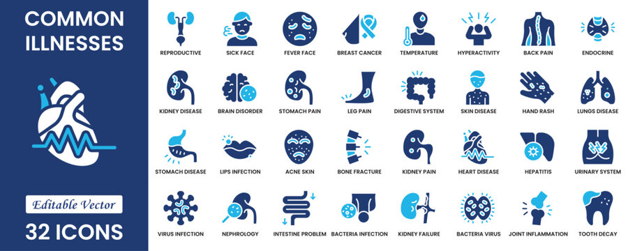 Common Illnesses line icons set. These Includes Breast Cancer, Depression, Brain Tumor, Allergy, Diabetes, and More. Solid vector icons collection. Vector illustration.