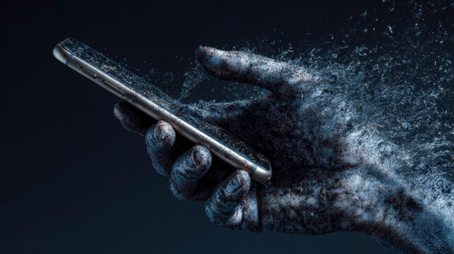 Digital Dependence: A hand, morphing into particles, clutches a sleek smartphone, symbolizing our modern reliance on technology and its potential effects on human interaction.