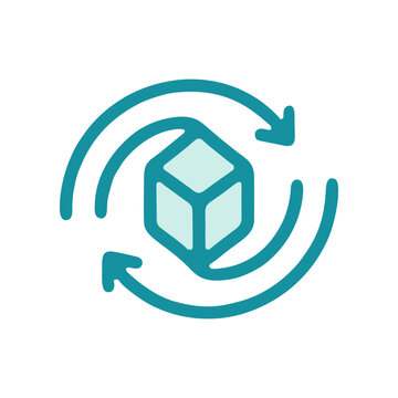 Abstract illustration of a cube rotating with surrounding arrows in a circle