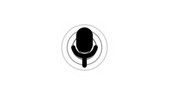 Minimalist black microphone icon with concentric sound waves on light background representing audio recording voice recognition podcasting broadcasting communication technology symbol design modern cl