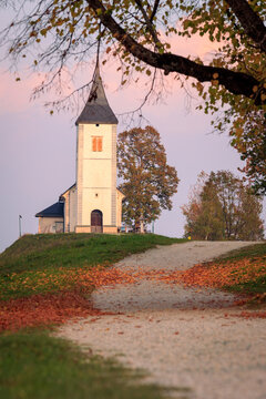 View of the historic Church of St. Primus and Felician on a grassy hill with autumn leaves and a gravel path at sunset in Slovenia.