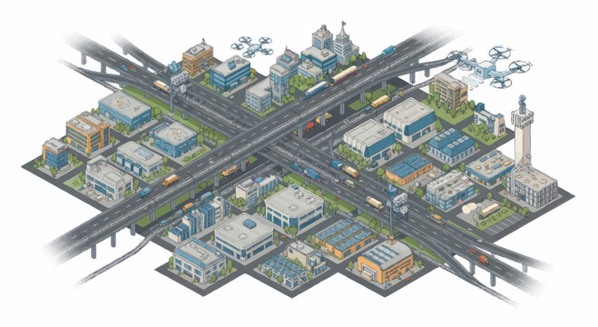 Industrial area with roads and buildings.