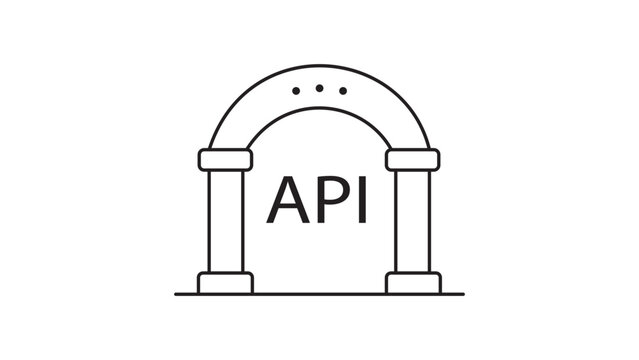 API Gateway Minimalist Black Line Vector Icon on White Background Representing an Archway with API Text, Professional Software Development and Cloud Computing Concept, Editable Stroke Illustration.